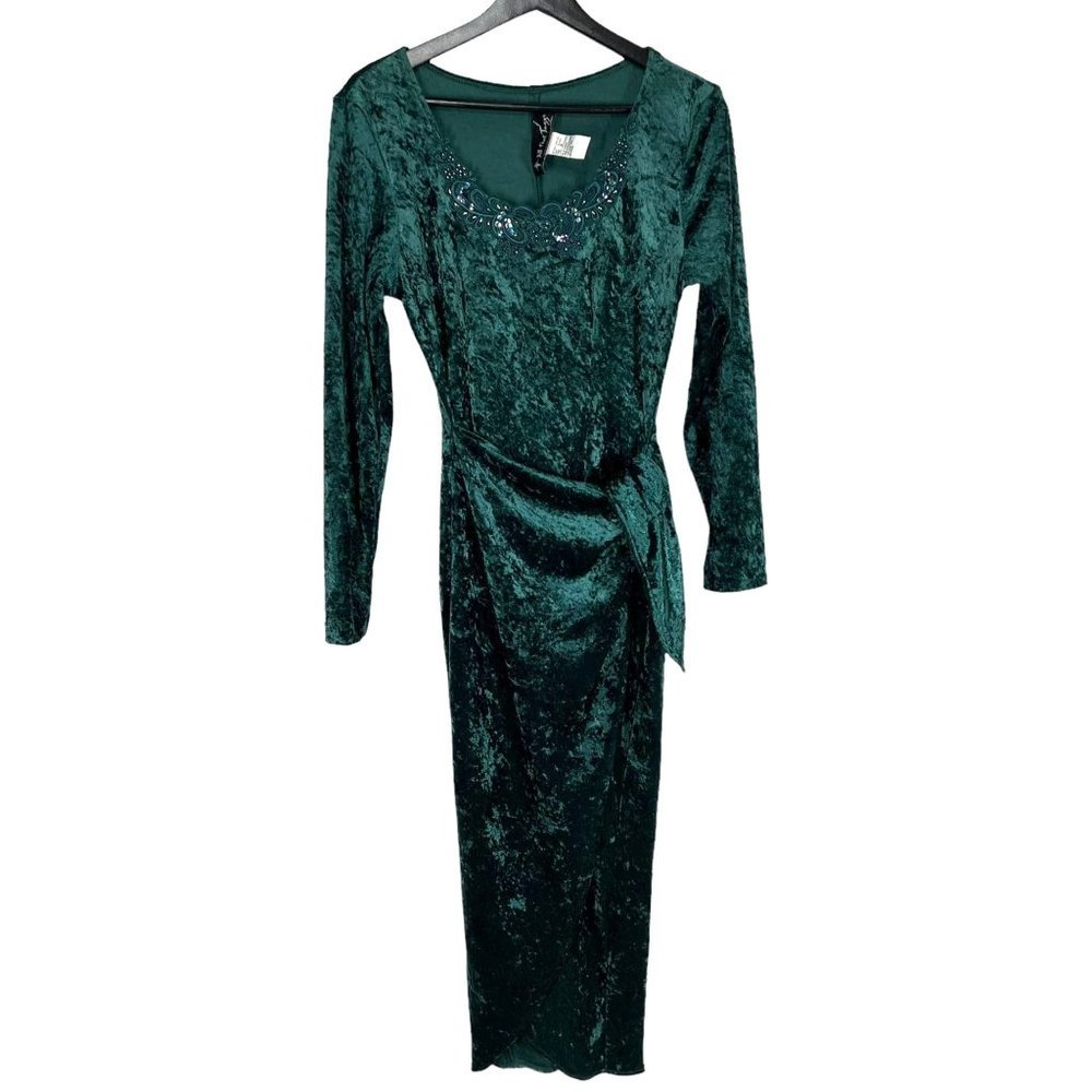 Vintage 90s Green Crush Velvet Long Sleeve Wrap Skirt Bodycon Full Length Dress